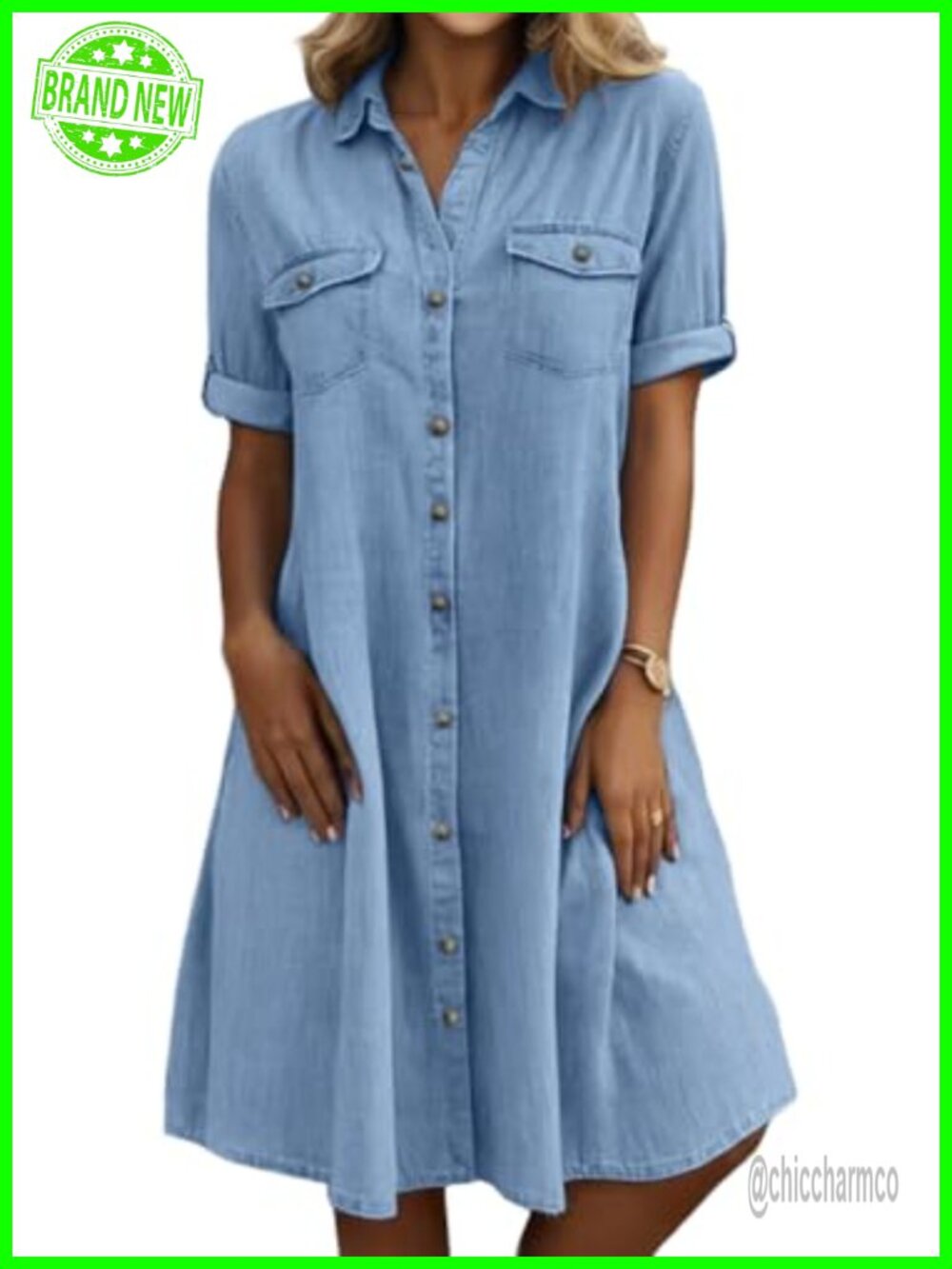 Midi Denim Shirt Dress with Pockets Short Sleeve Button Down Casual Dress - Picture 1 of 5